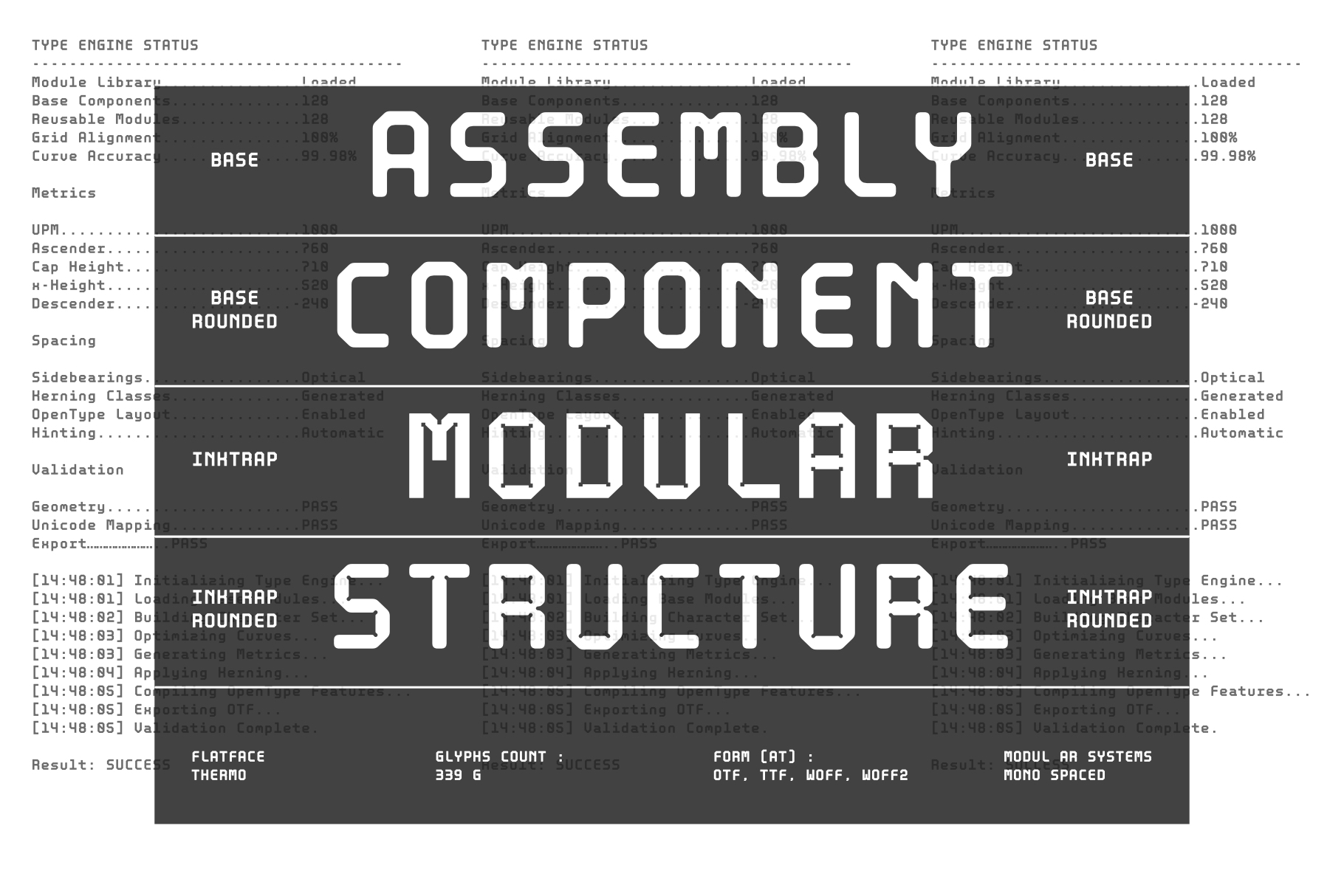 Monospace font specimen showing Assembly, Component, Modular, Structure with technical metrics on dark background