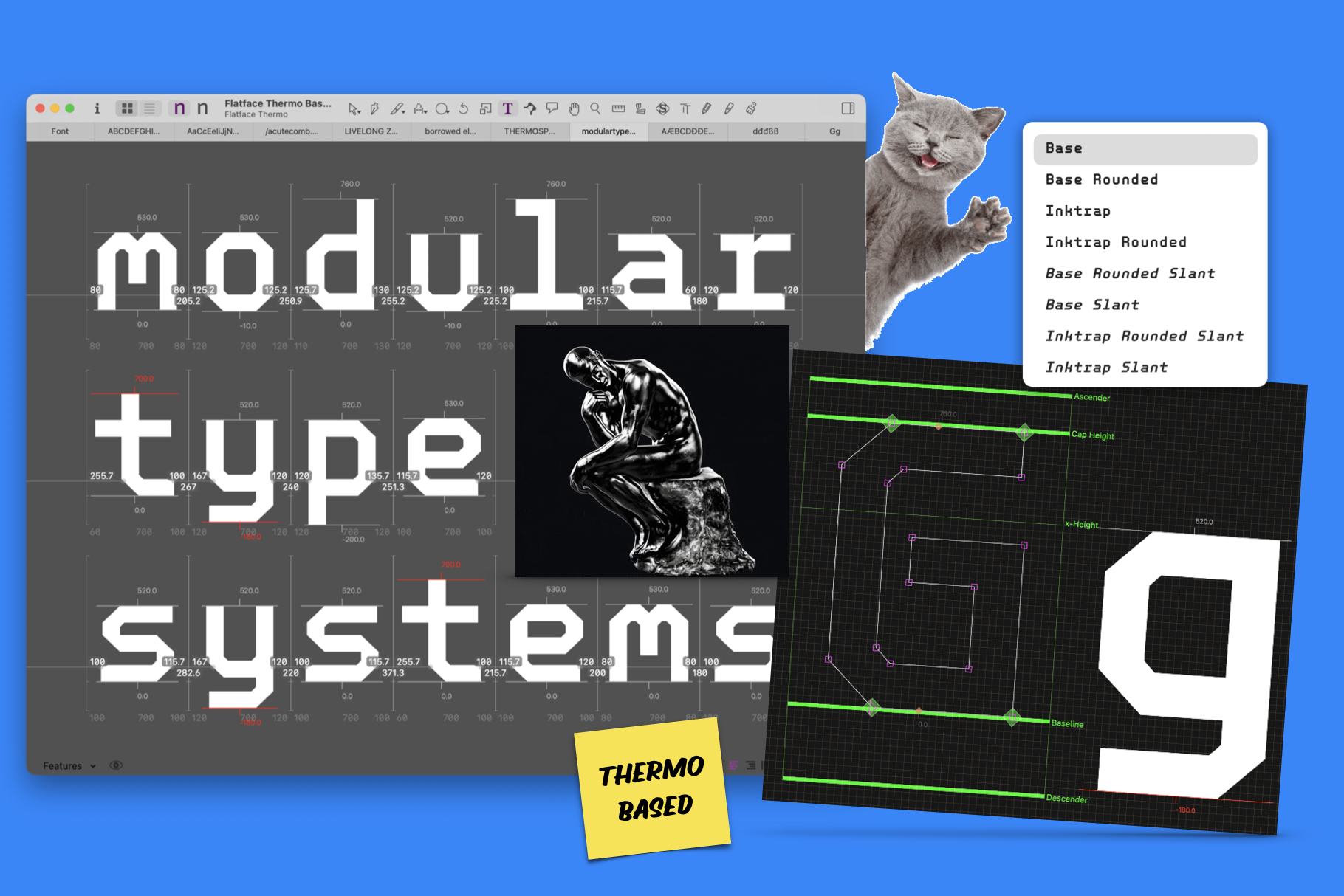 Flatface Thermo typeface shown in design software with font variations, measurement grid, laughing cat sticker, sketch artwork, typography samples