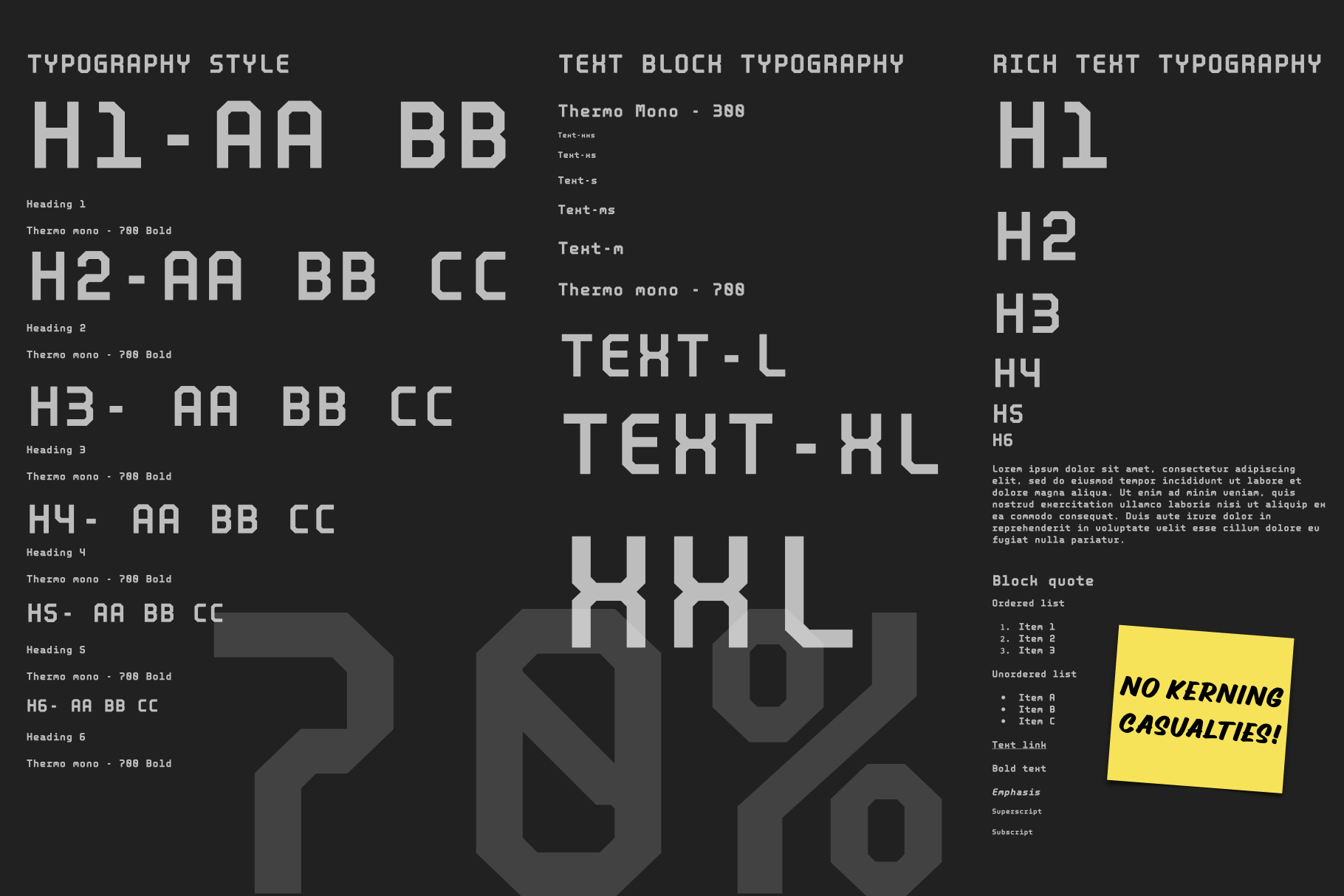 Thermo Mono typeface hierarchy showcase with heading styles, text blocks, sizing options displayed on dark background