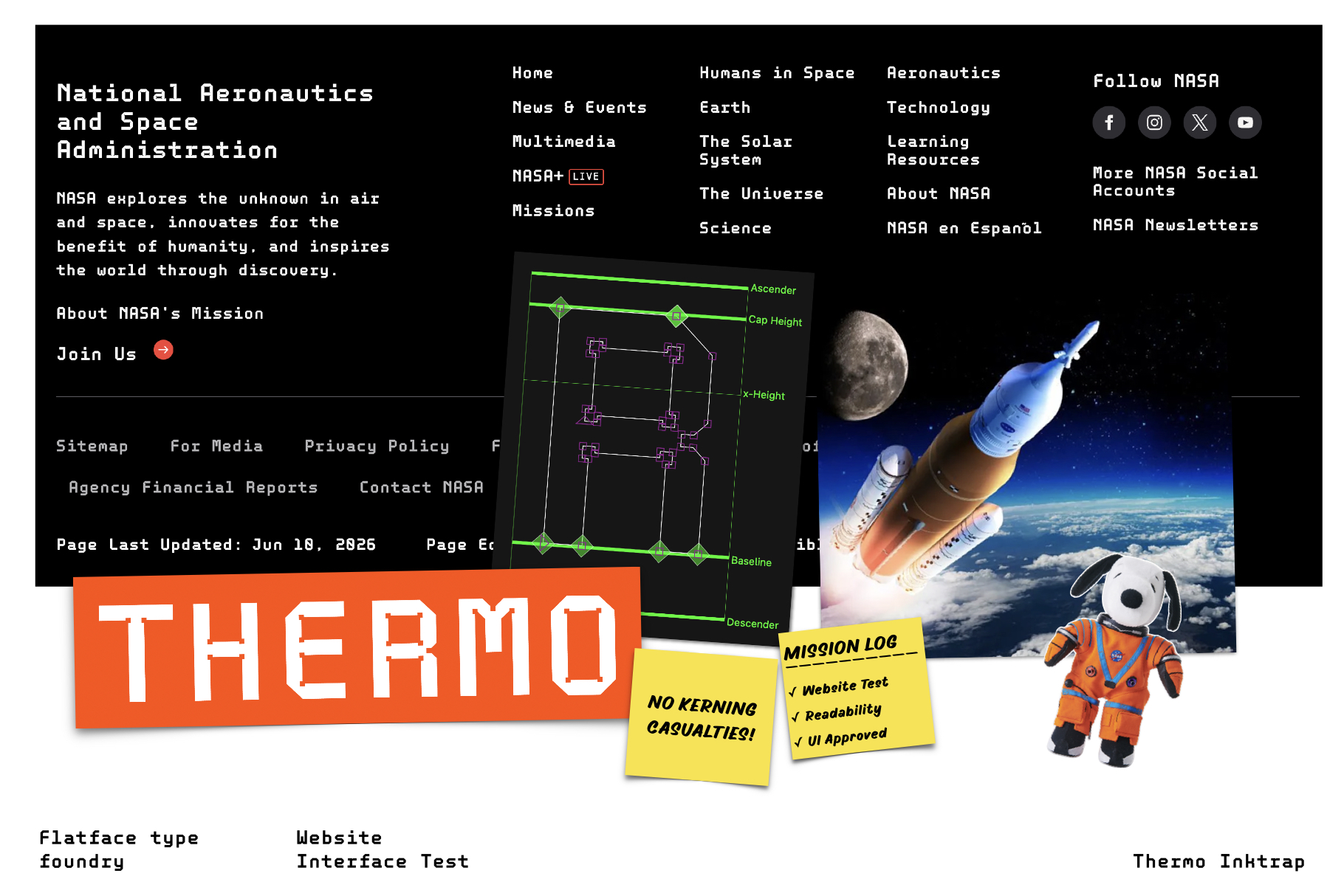 NASA website mockup with rocket, moon, astronaut, blueprint overlays, sticky notes