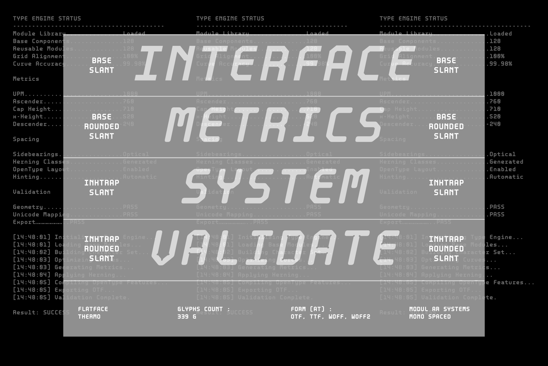 Retro tech interface mockup showing italicized sans serif fonts with system metrics overlay