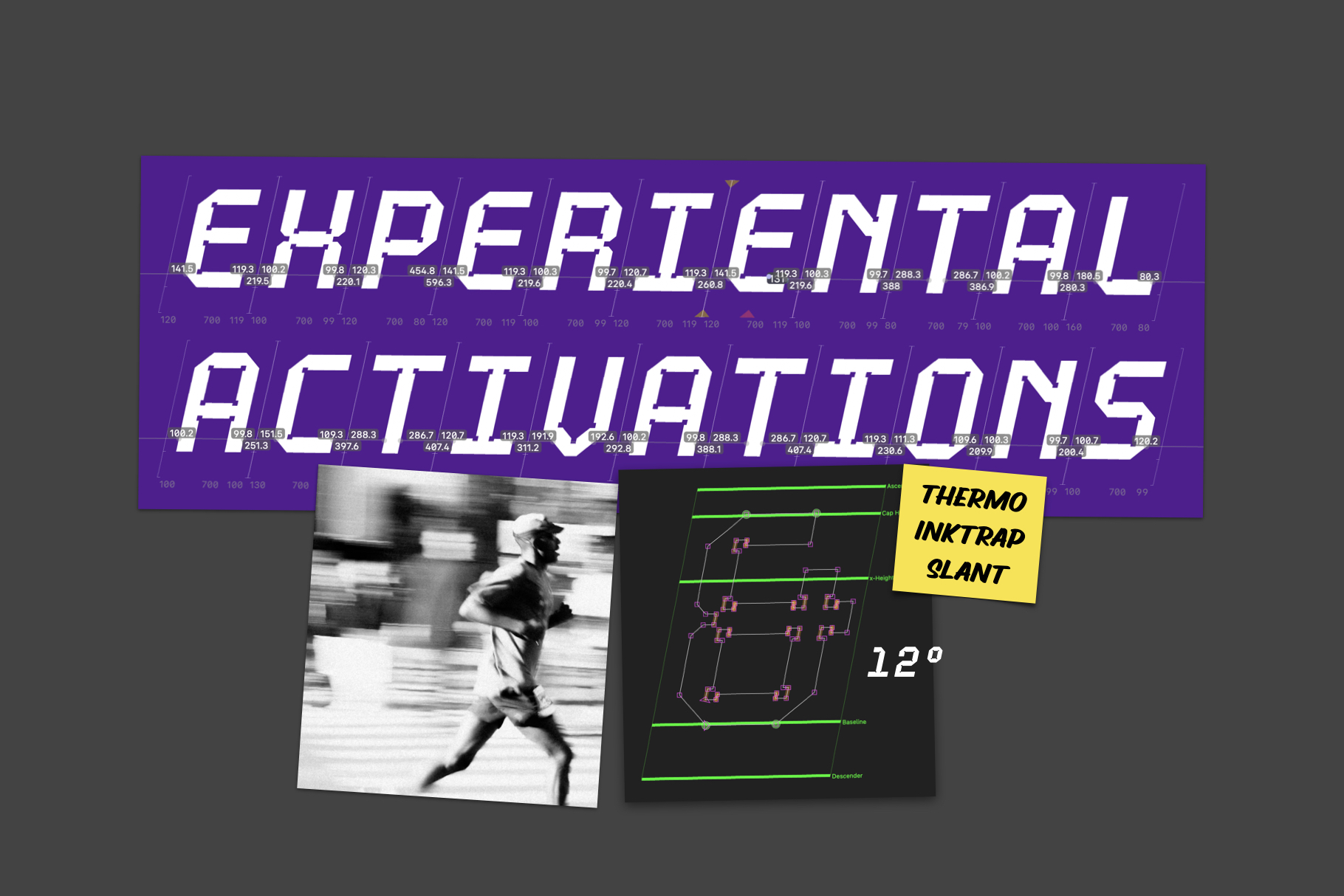 Cyberpunk collage with purple glitchy text, black white motion photo, circuit diagram with yellow sticky note