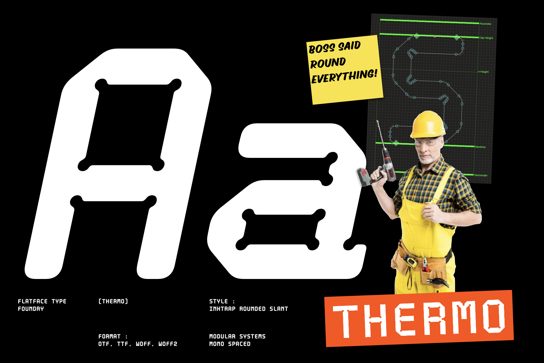 Thermo typeface with rounded geometric letterforms, construction worker holding blueprints