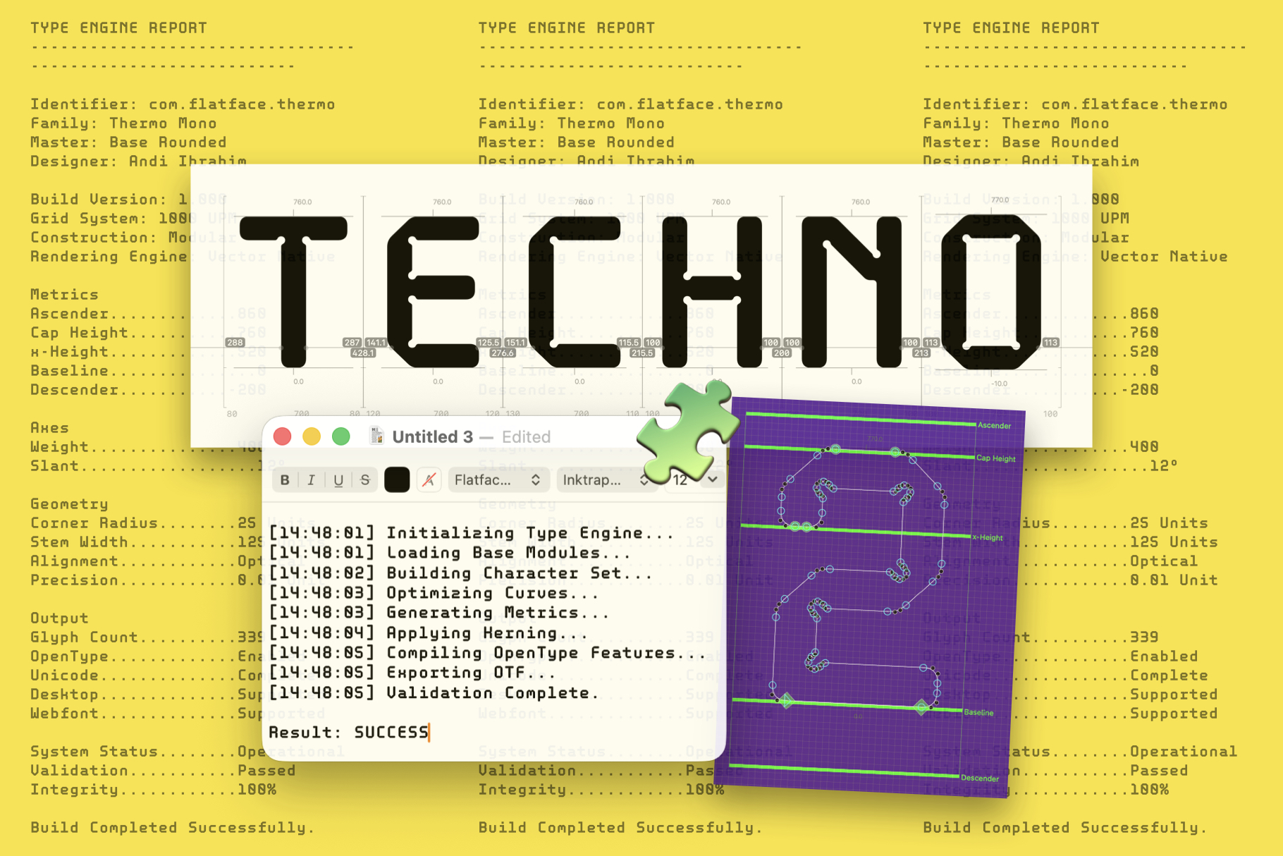 Font design software interface showing type engine report with technical metrics