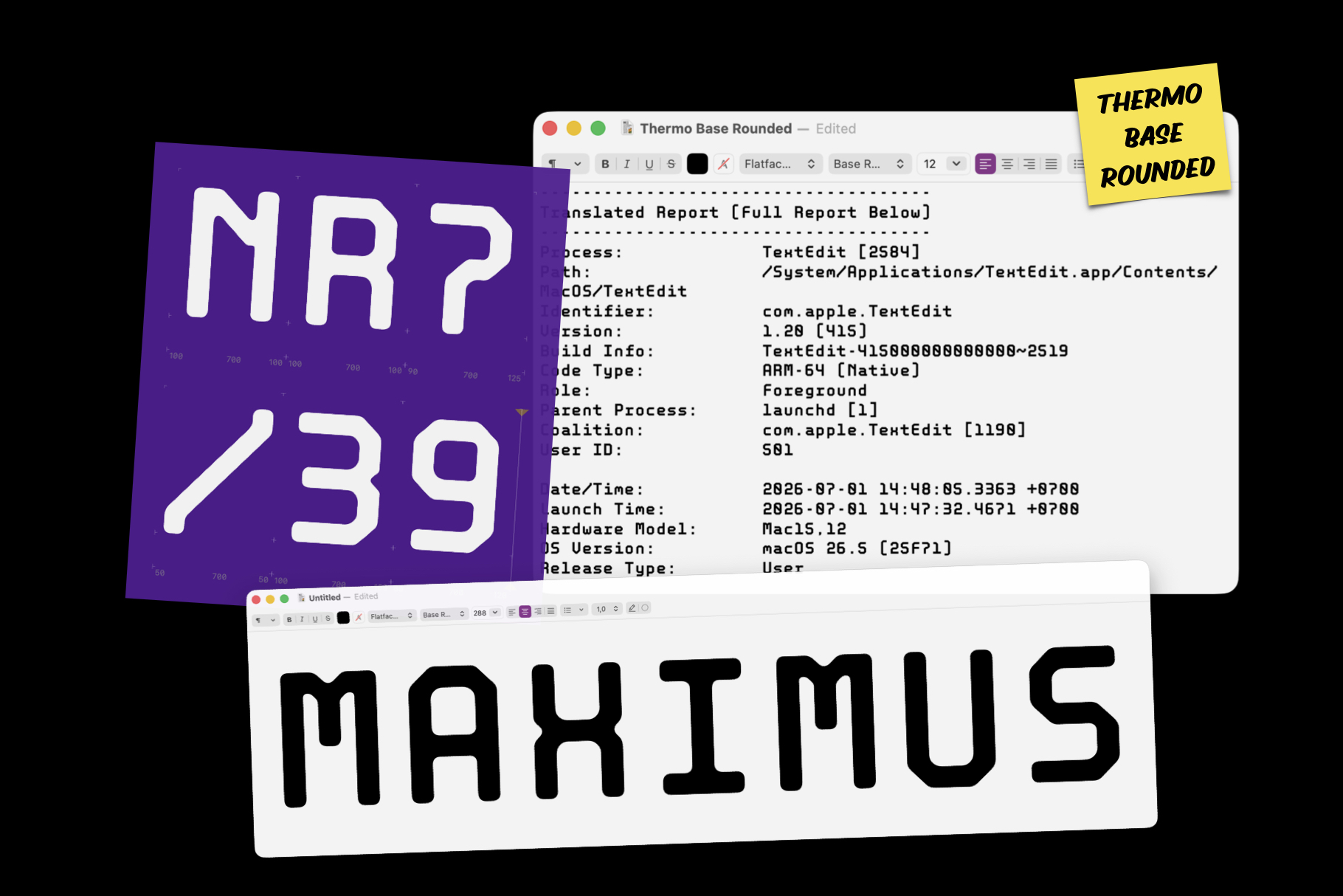 Thermo Base Rounded font displayed across browser windows with purple background mockup