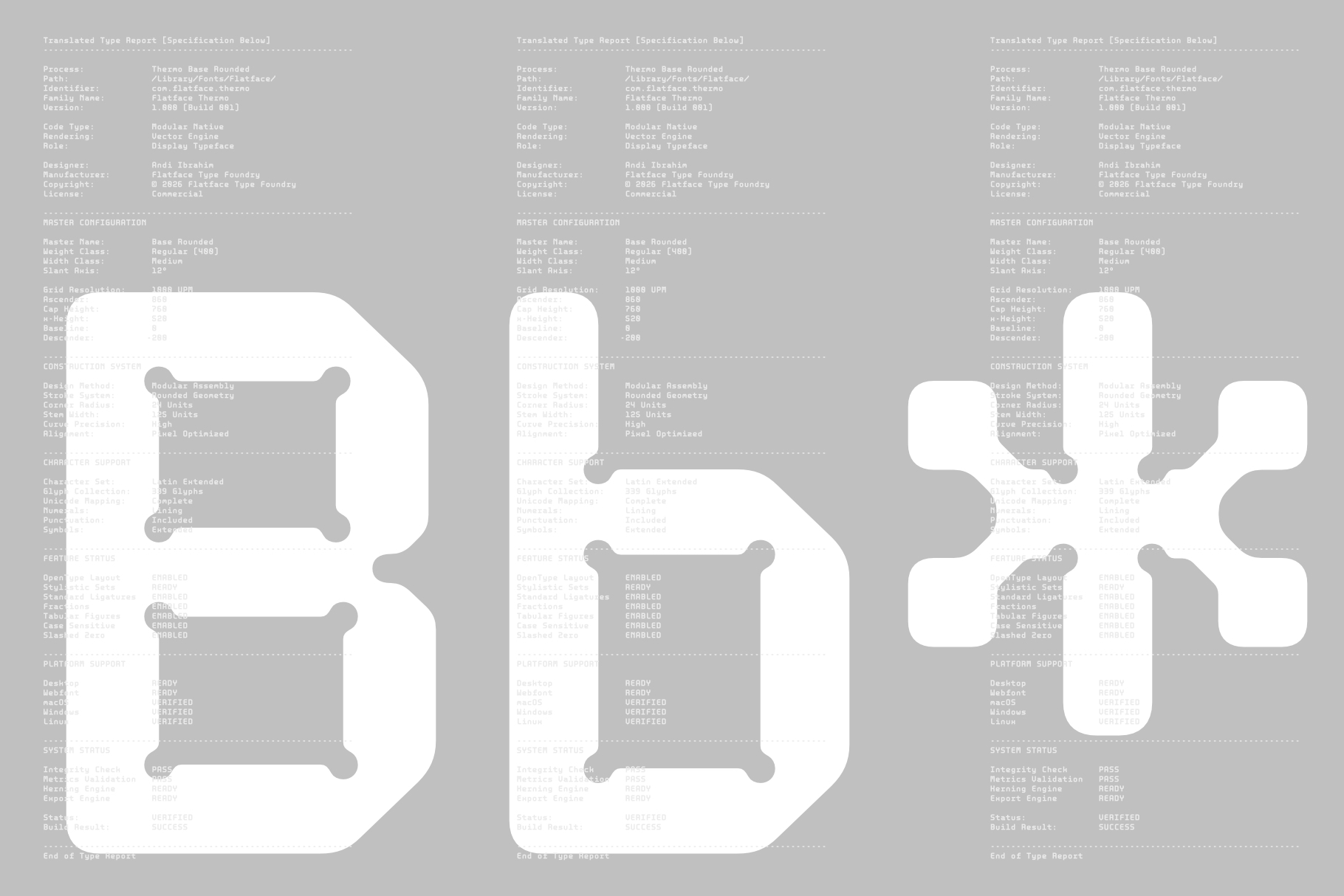 Wireframe mockups of rounded square phone frames showing type specification sheets with technical font data