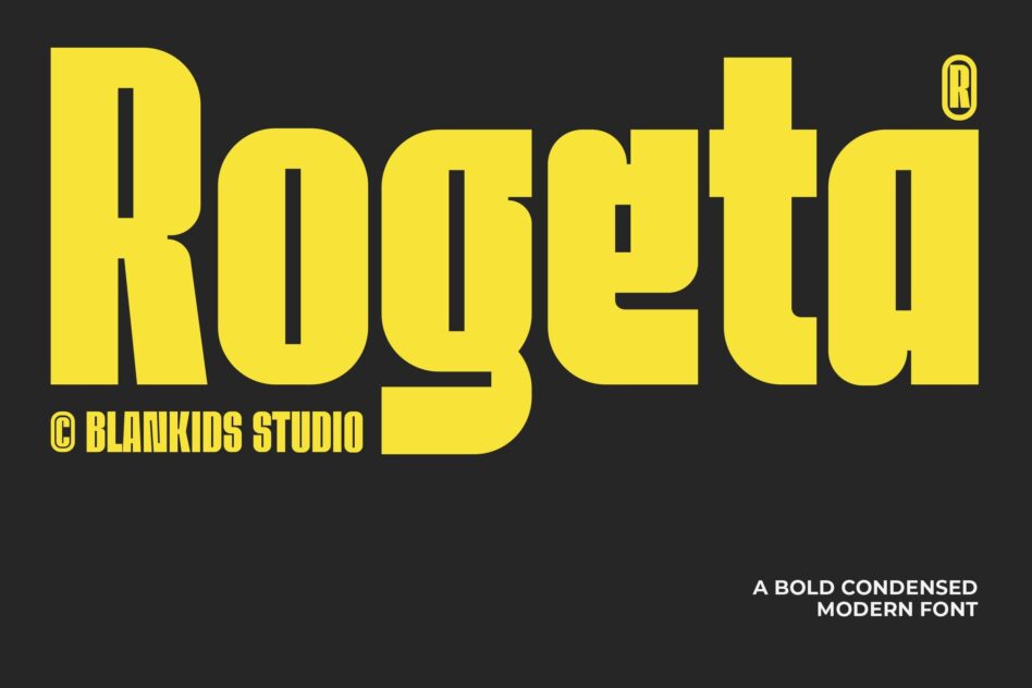 Rogeth bold condensed typeface in bright yellow on dark background with studio credit