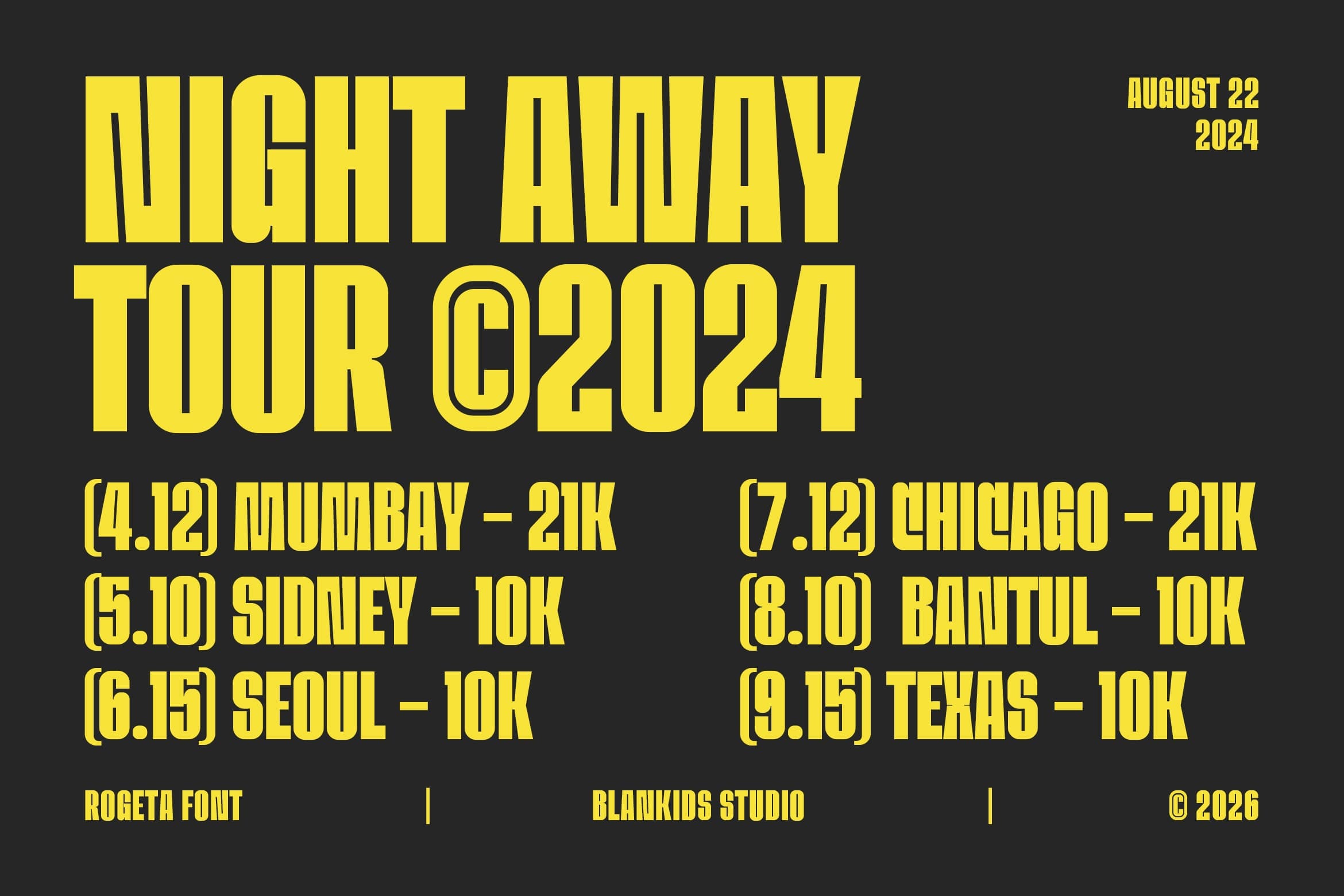 Bright yellow event poster for midnight running tour with city dates, distances, August 22 2024