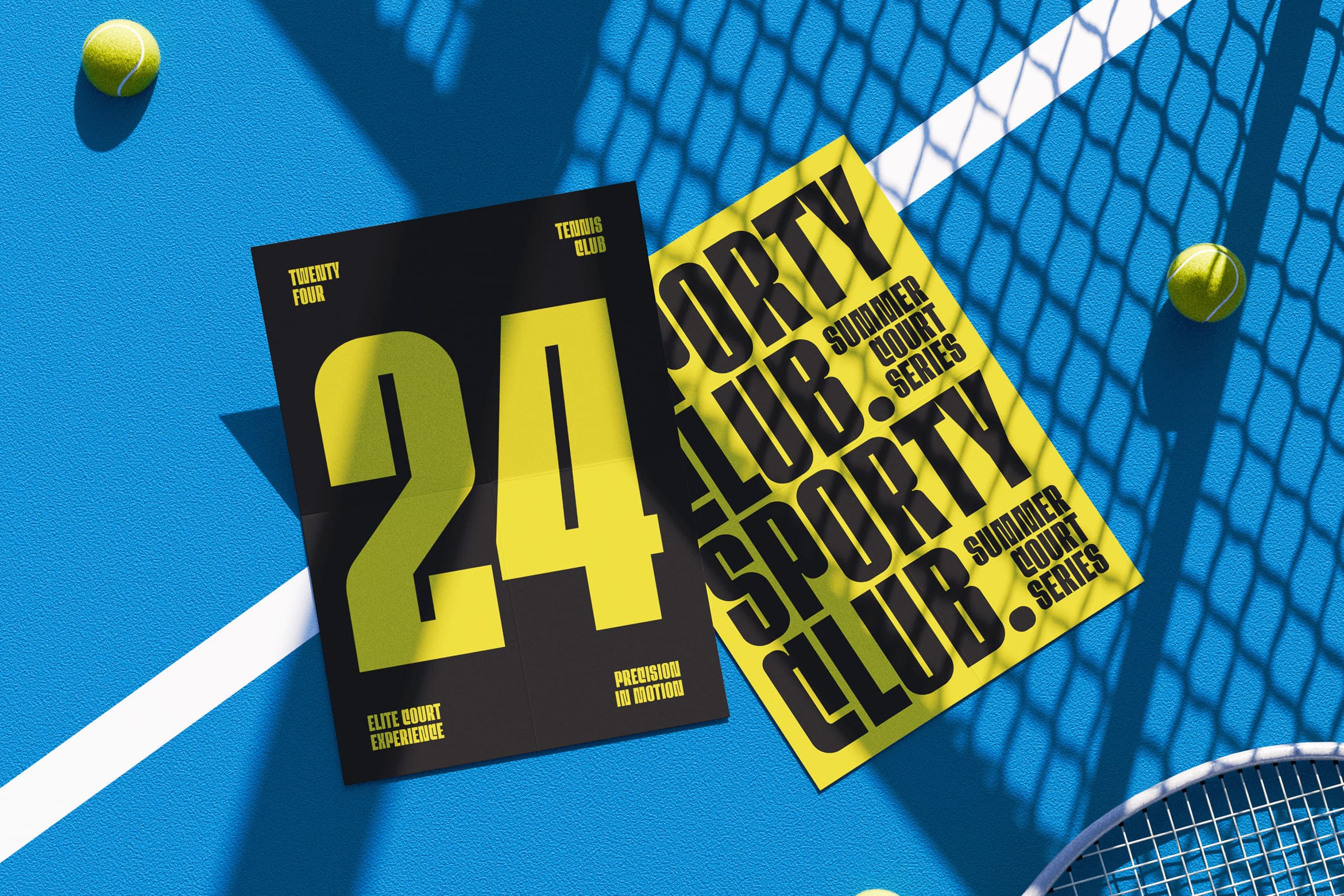 Bright tennis court poster mockup with neon yellow type on black, net shadows, tennis balls