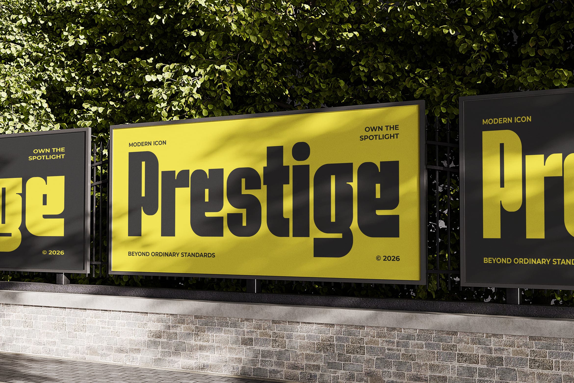 Bold yellow billboard mockup with "Prestige" typography against ivy backdrop