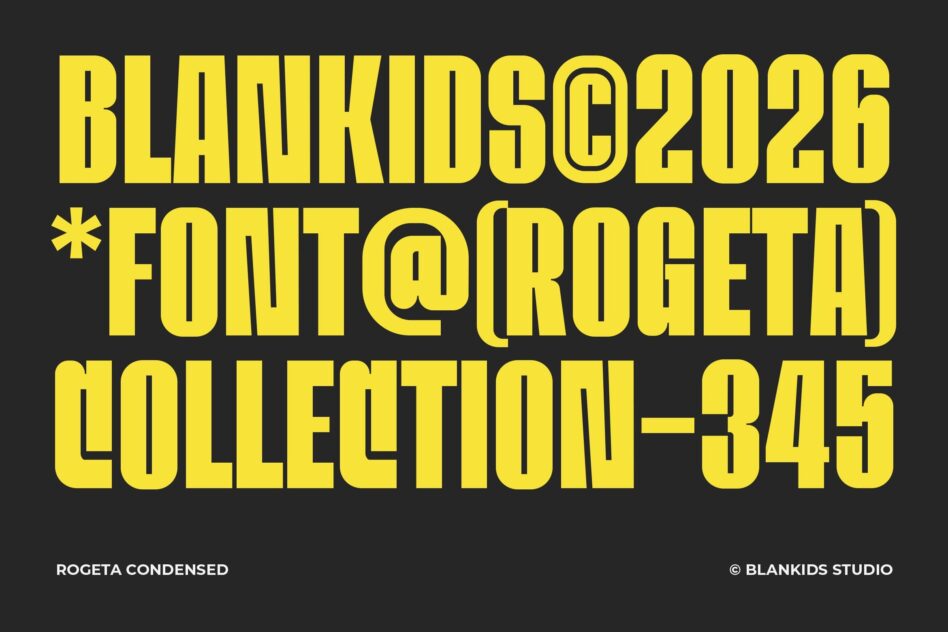 Bright yellow condensed typeface specimen showing bold sans serif letters on dark background