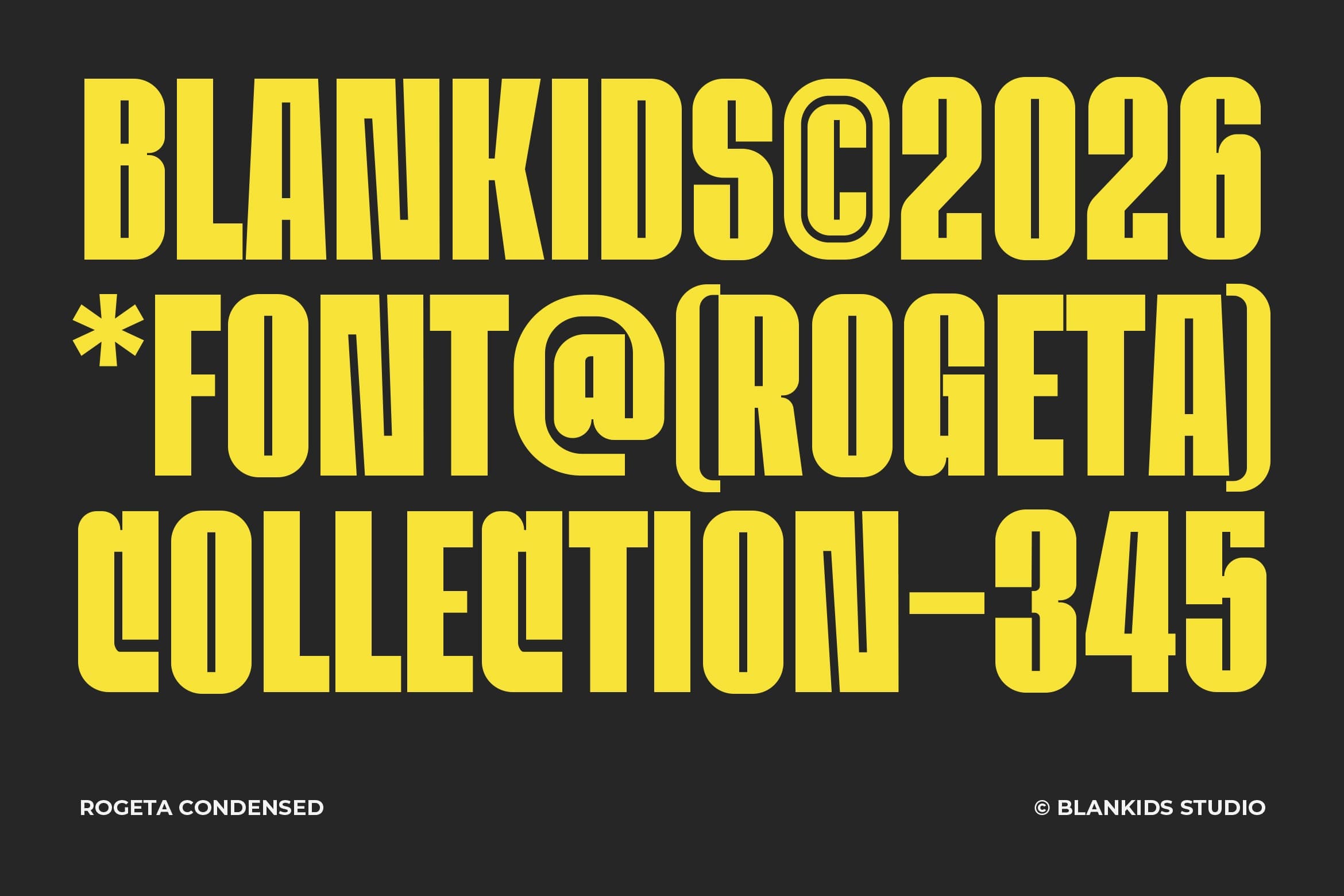 Bright yellow condensed typeface specimen showing bold sans serif letters on dark background