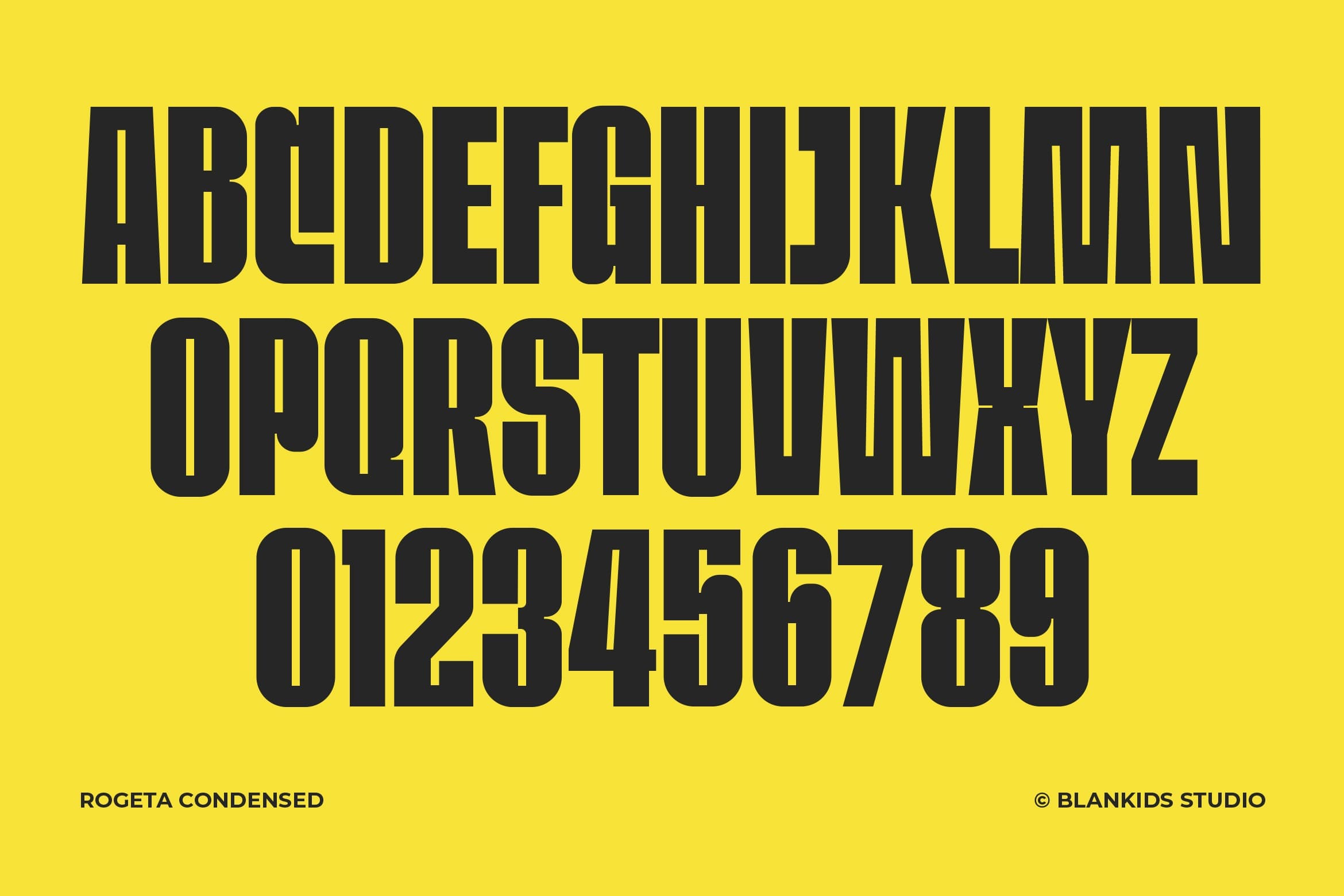 Rogeta Condensed font showing full alphabet, numbers, bold black letters on bright yellow background