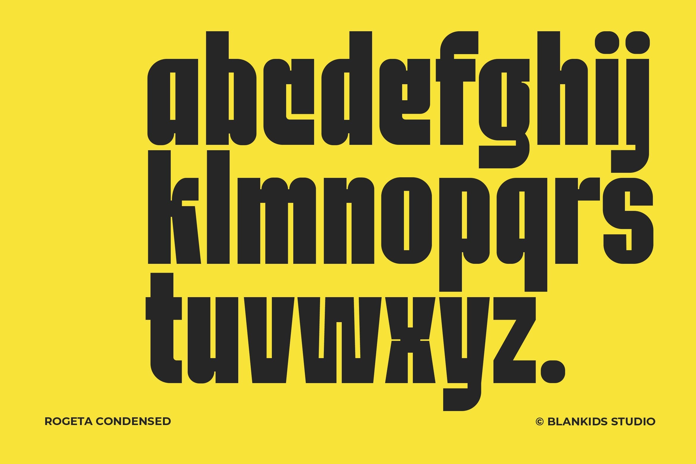 Rogeta Condensed font specimen showing bold black letters on bright yellow background