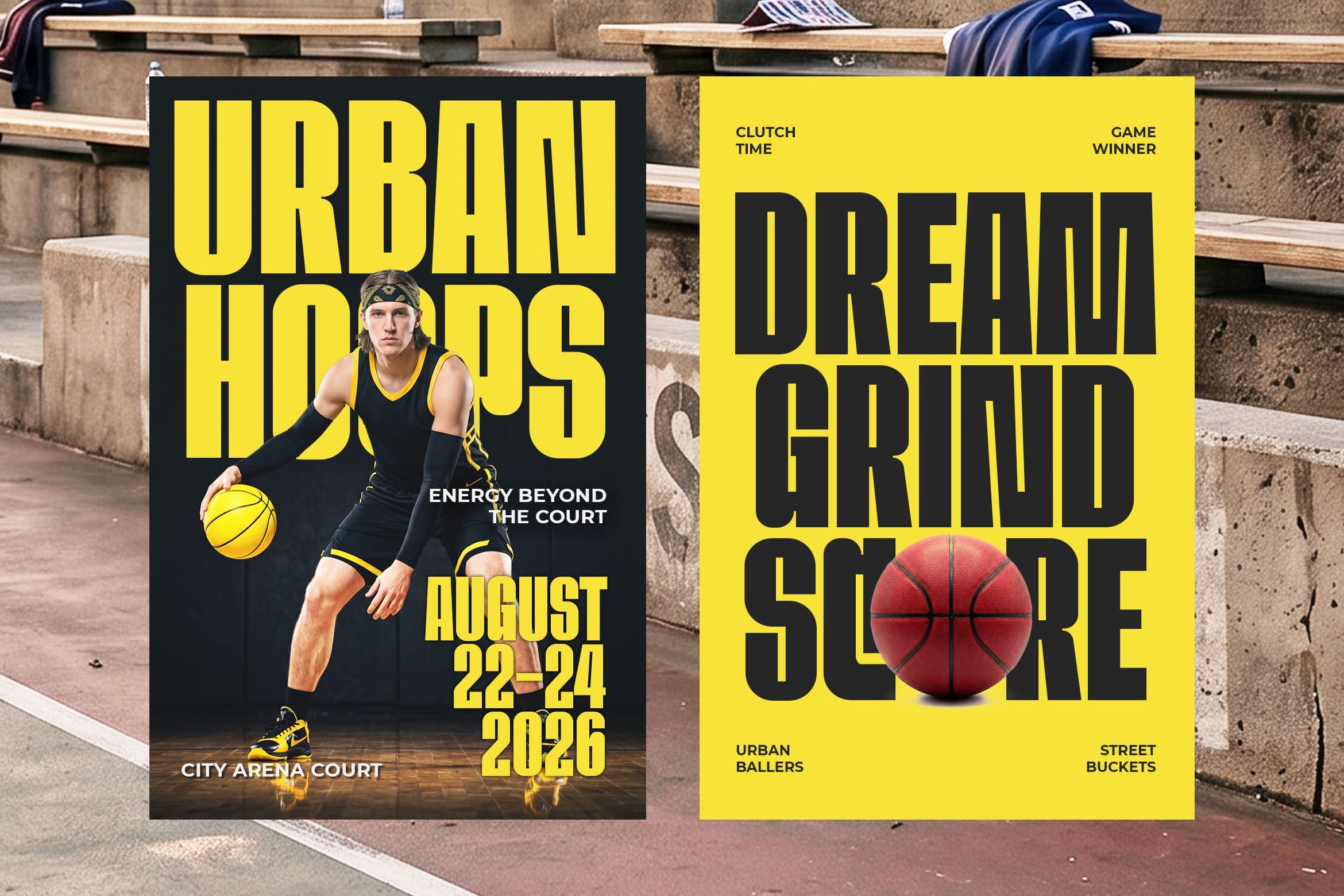 Bold yellow basketball tournament posters with black text, player photos, dates propped on concrete steps
