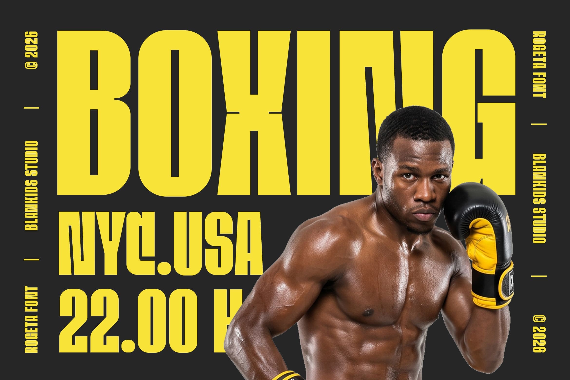 Boxing match poster with fighter in yellow gloves, bold yellow typography on dark background, event details on sides