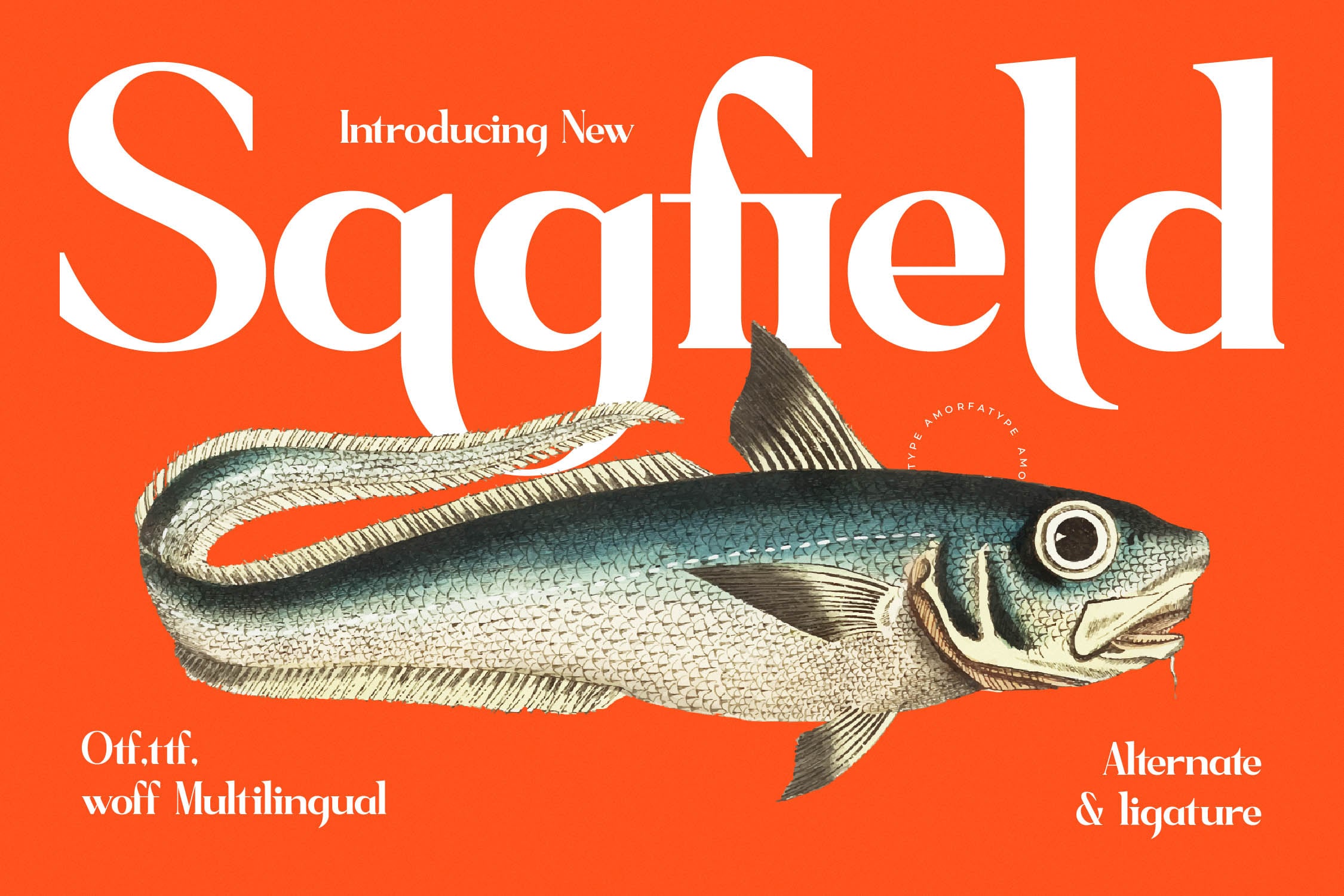 Sagfeld font showcase with vintage fish illustration on bright orange background