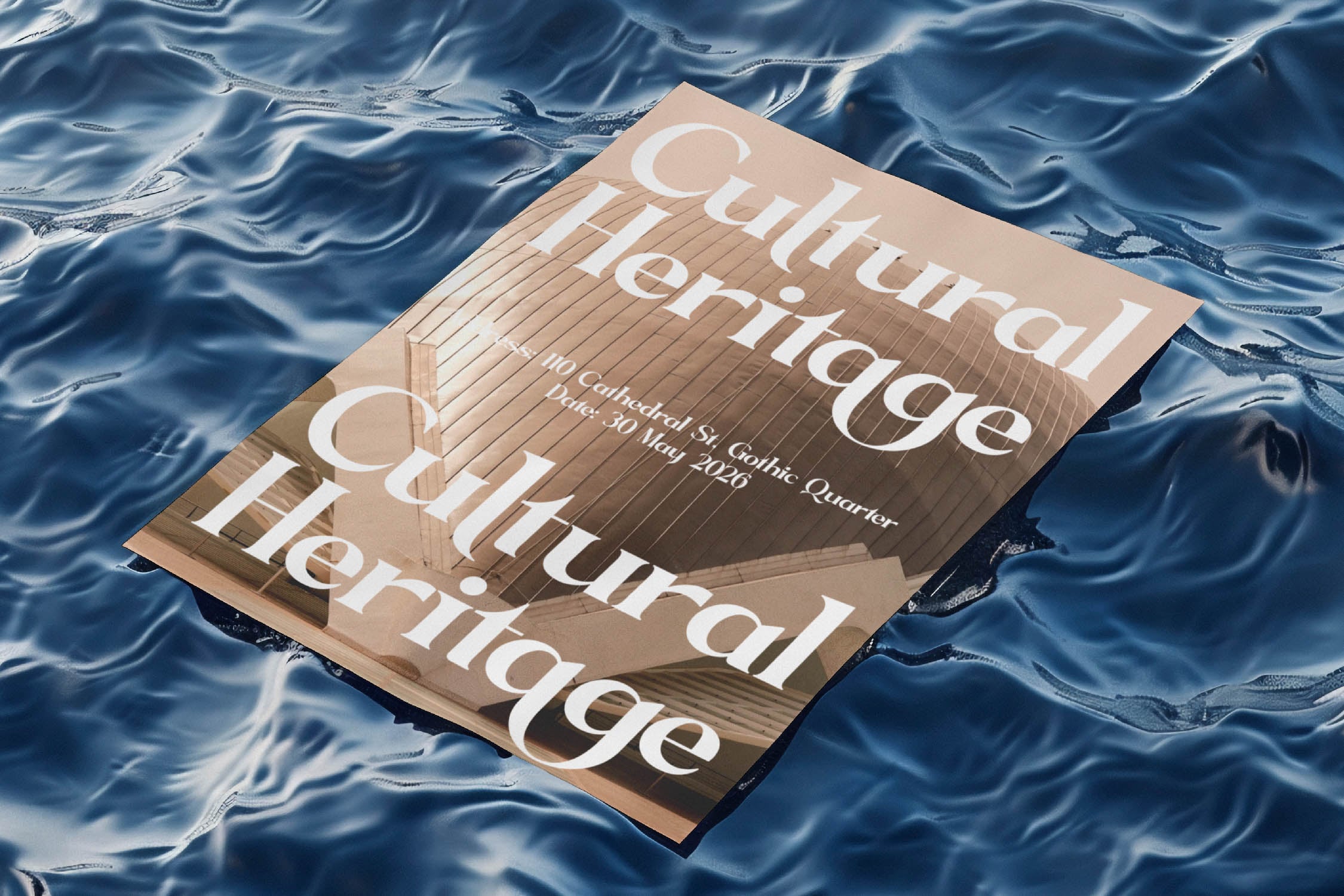 Magazine floating on rippling blue water with wooden deck texture overlay