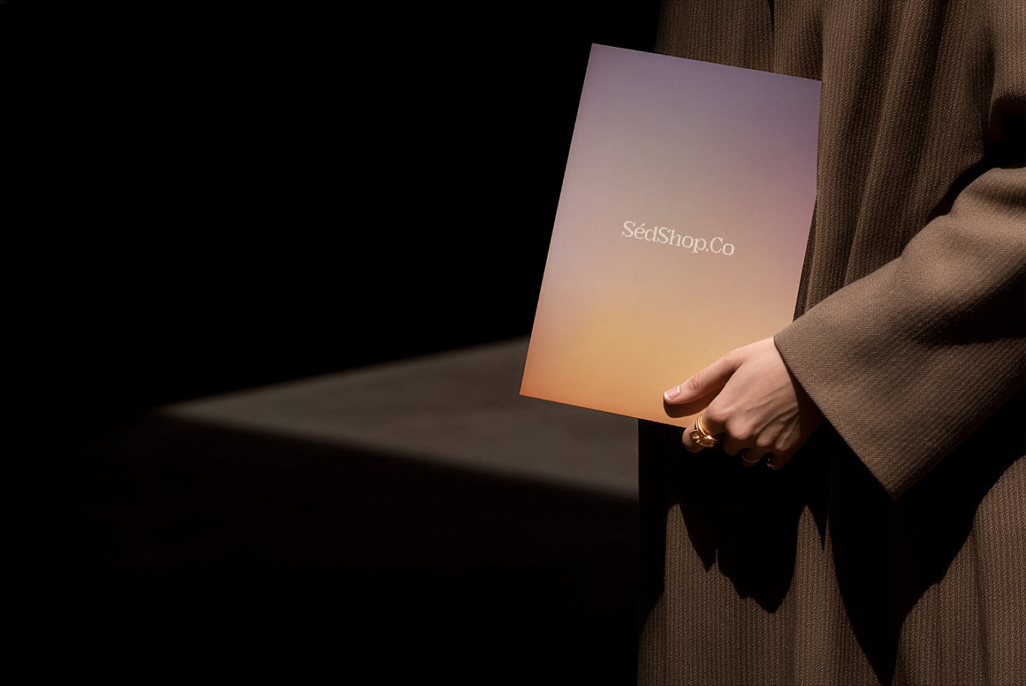 Hand holding gradient brochure with SeaShop.Co logo, warm sunset colors, moody lighting