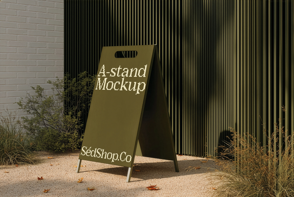 Olive A-frame sandwich board standing in gravel courtyard with corrugated metal backdrop