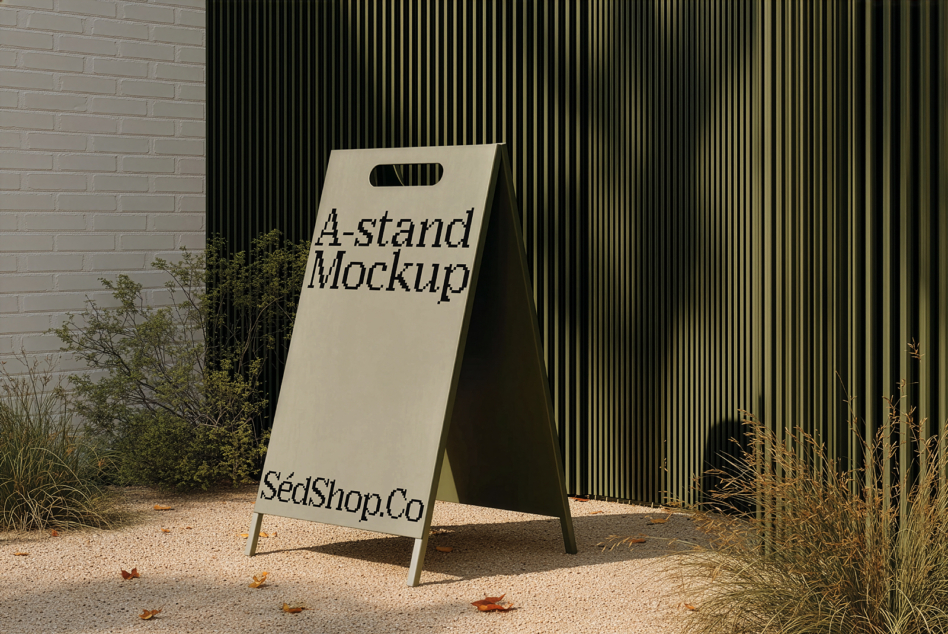 Cream a-frame sidewalk sign standing in gravel with black corrugated metal wall in background
