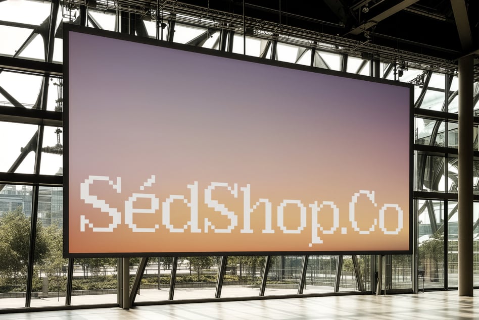 Large indoor LED screen displaying pixelated white text on gradient purple to peach background in modern venue