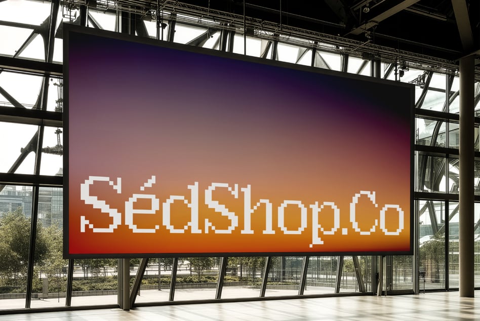 Retro pixel art text on a massive digital billboard with purple to orange gradient backdrop