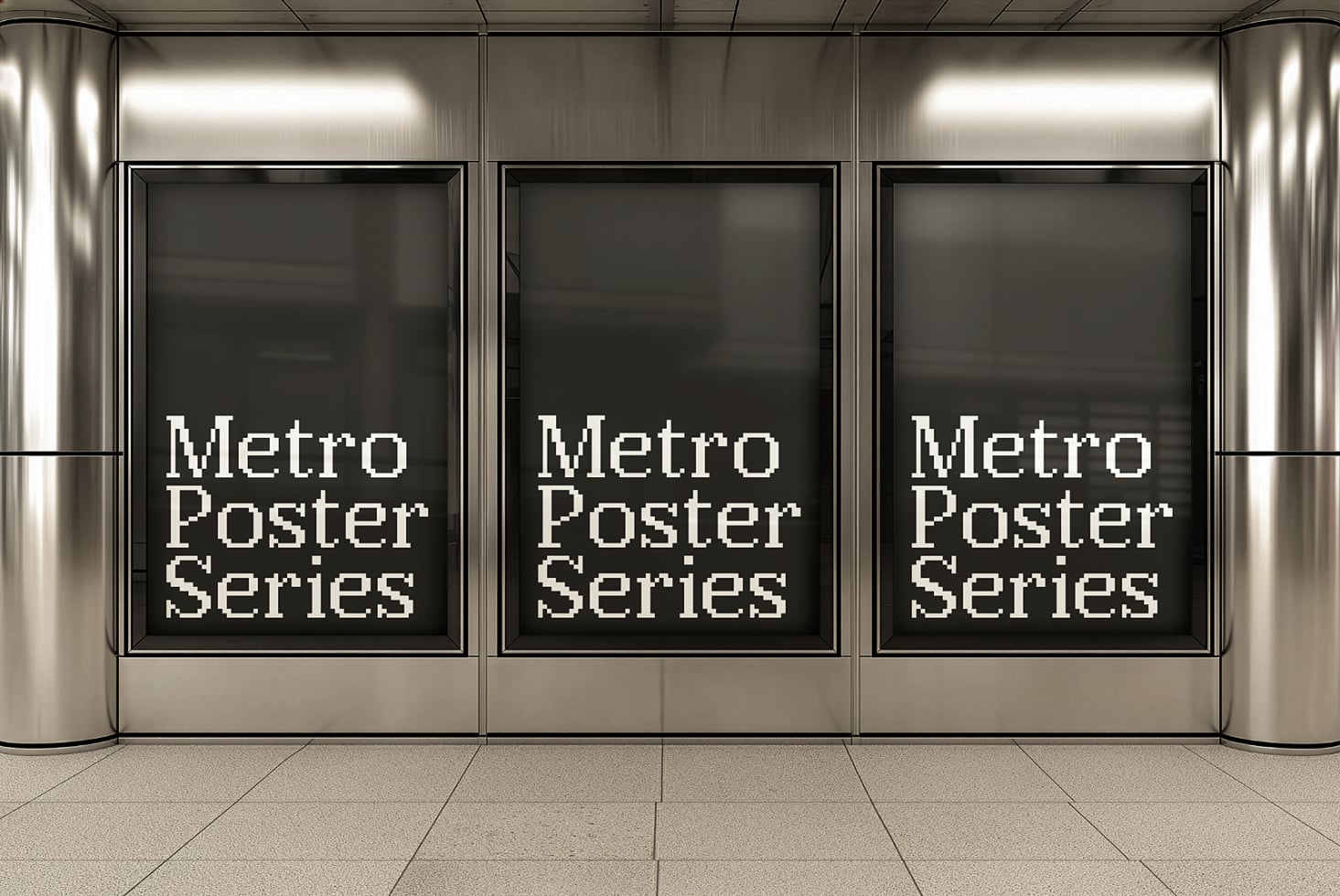 Three large storefront windows with Metro Poster Series text on black displays in modern retail space