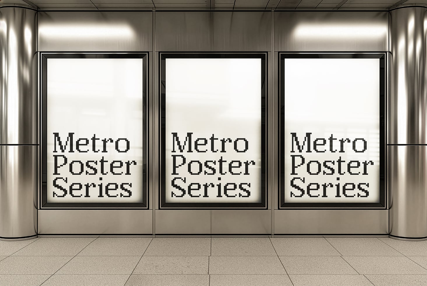 Three framed posters in a sleek modern storefront with metal walls