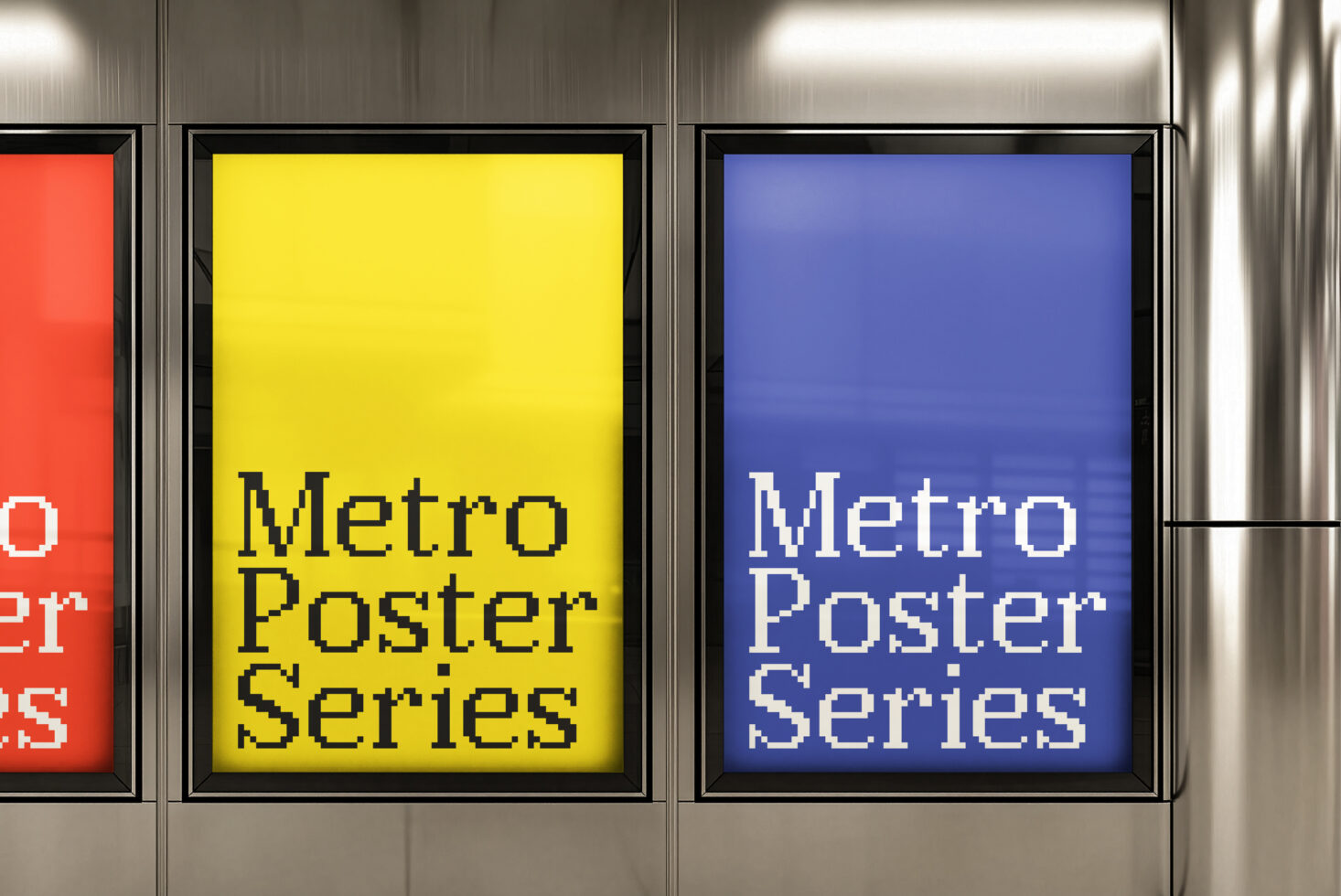 Framed posters in yellow, blue, red with pixelated Metro Poster Series text on metallic wall