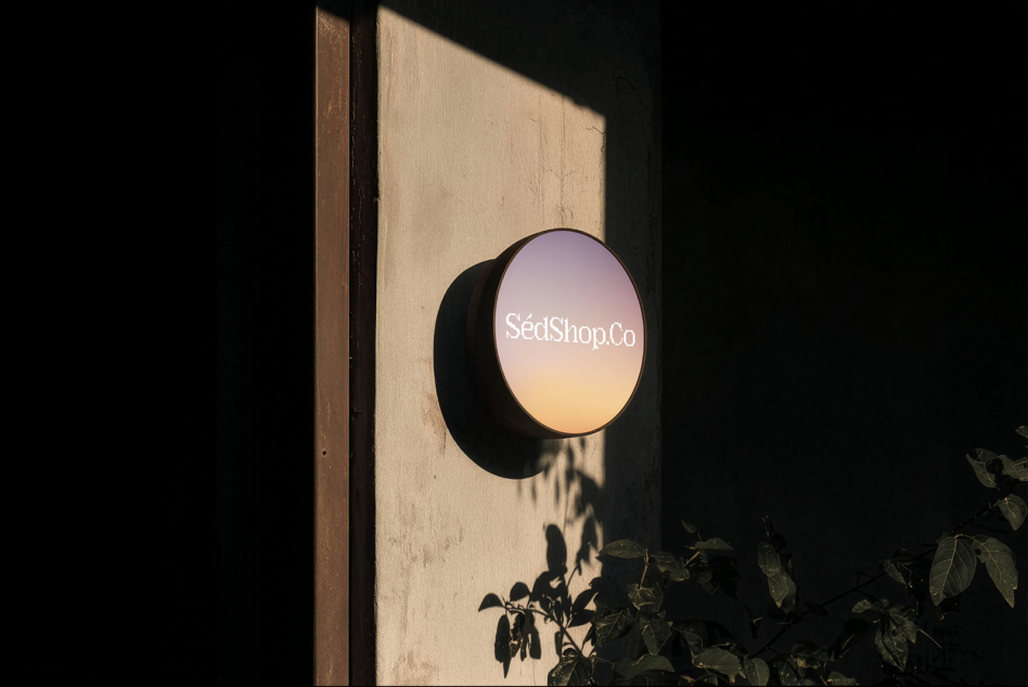 Circular storefront sign with gradient display mounted on textured cream wall, dramatic shadow overlay