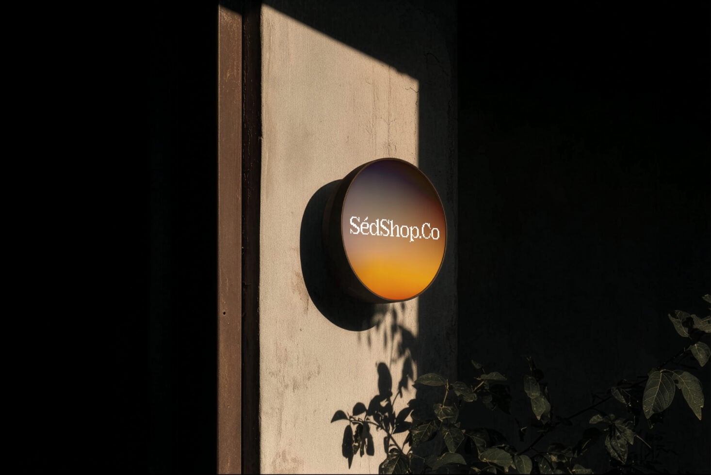 Circular storefront sign with gradient orange glow mounted on weathered beige wall with dramatic shadows