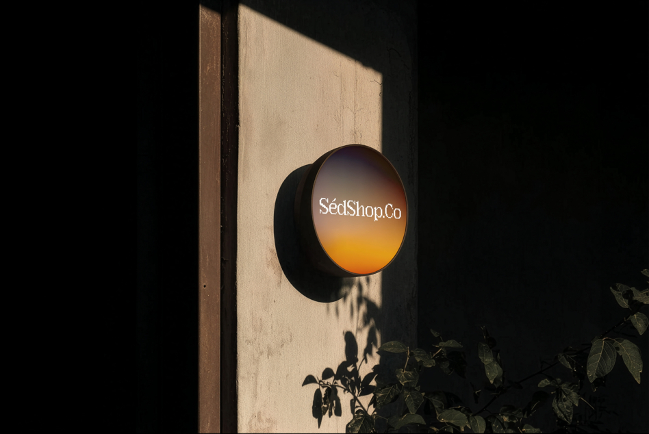Round storefront sign mockup with amber gradient on textured wall with dramatic shadows