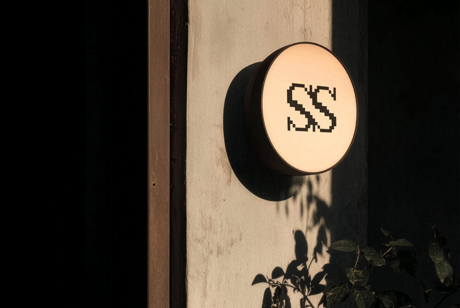 Lit circular storefront sign with pixelated dollar symbol mounted on weathered beige wall