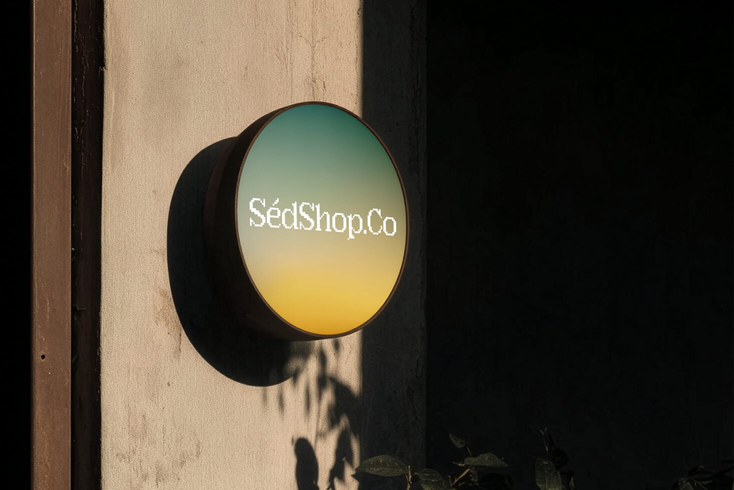 Round storefront sign with teal to yellow gradient displaying SedShop.Co logo on textured wall