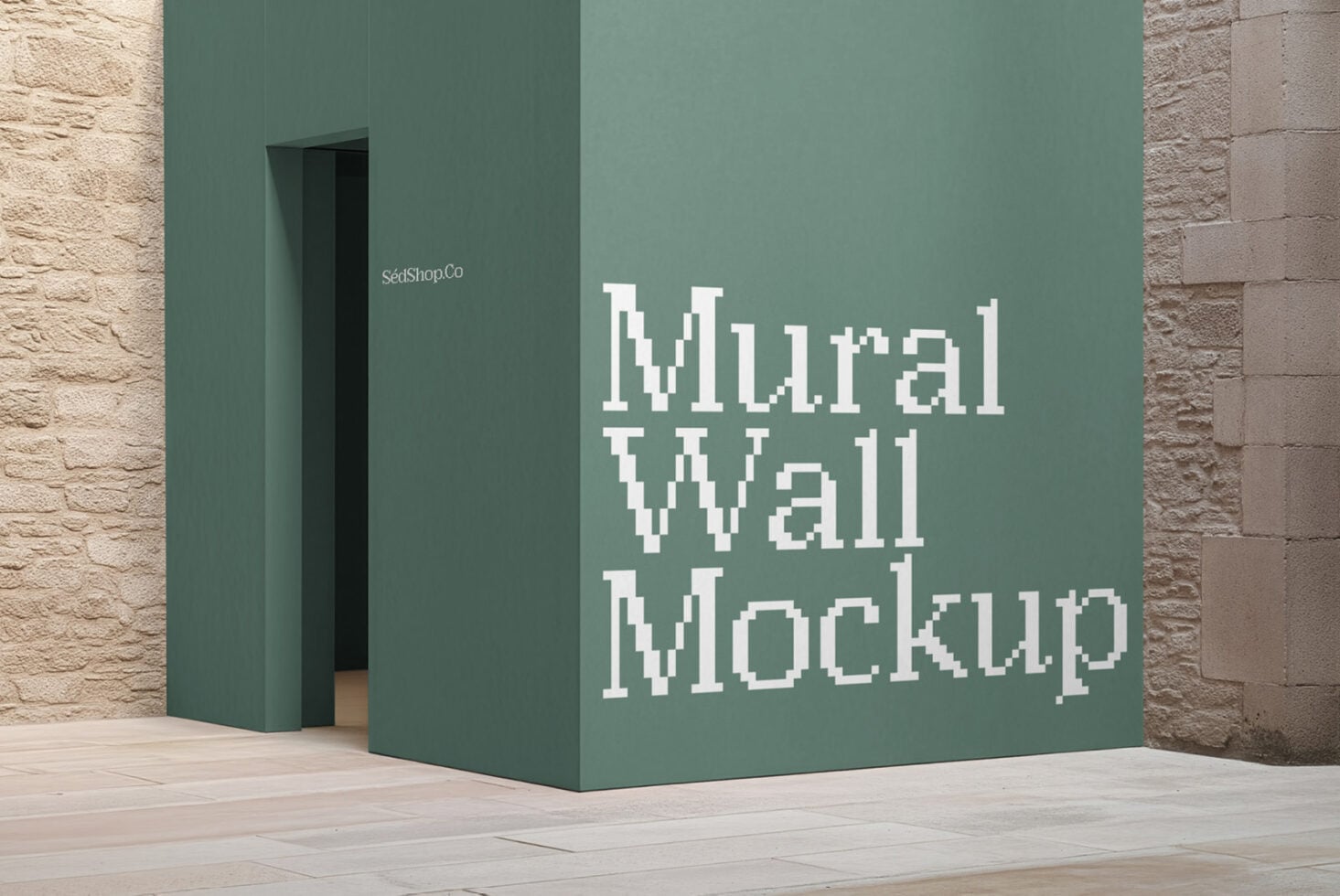Sage green corner wall mockup with pixel font display in modern storefront setting