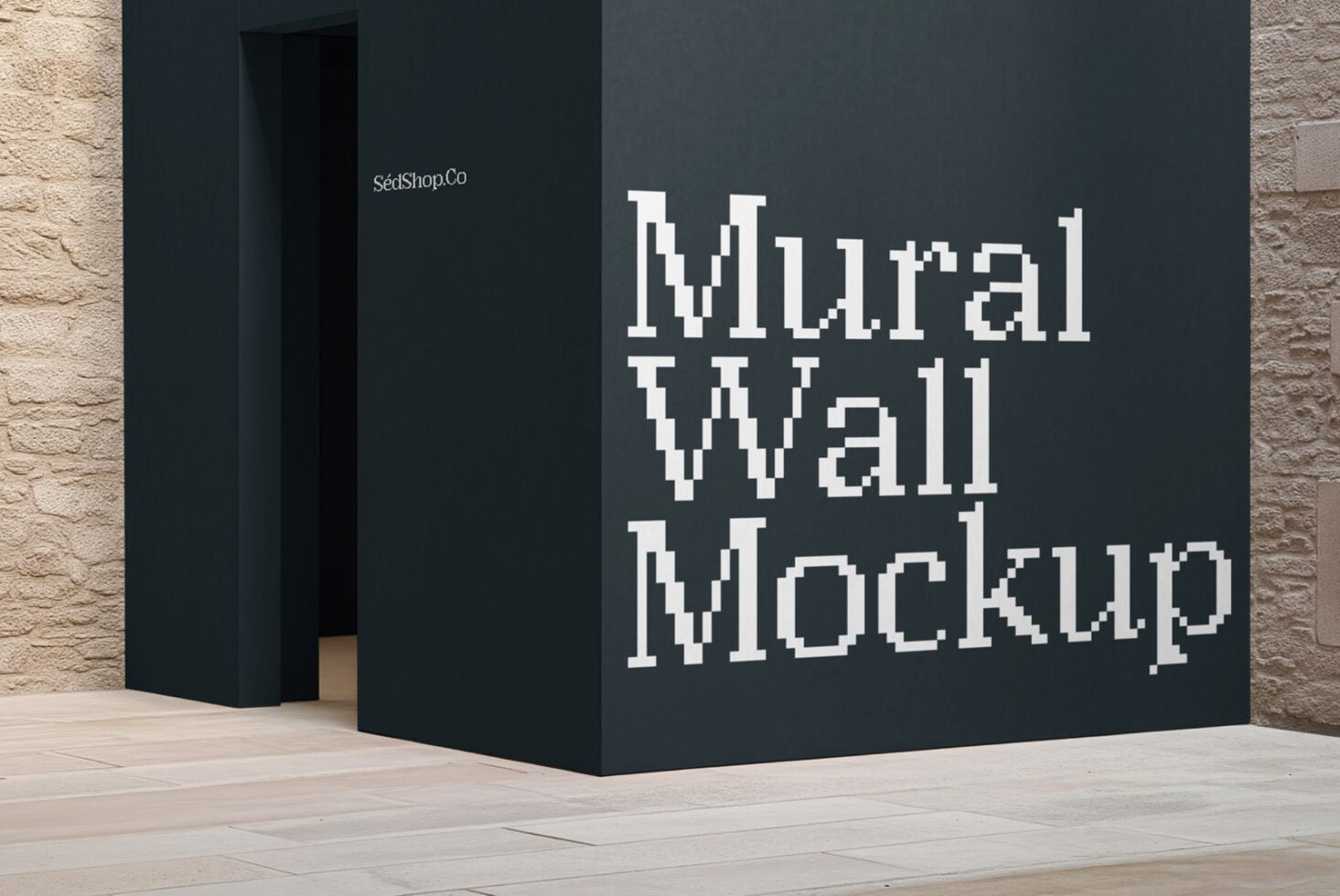 Curved black wall mockup displaying pixelated white text in modern interior with brick details