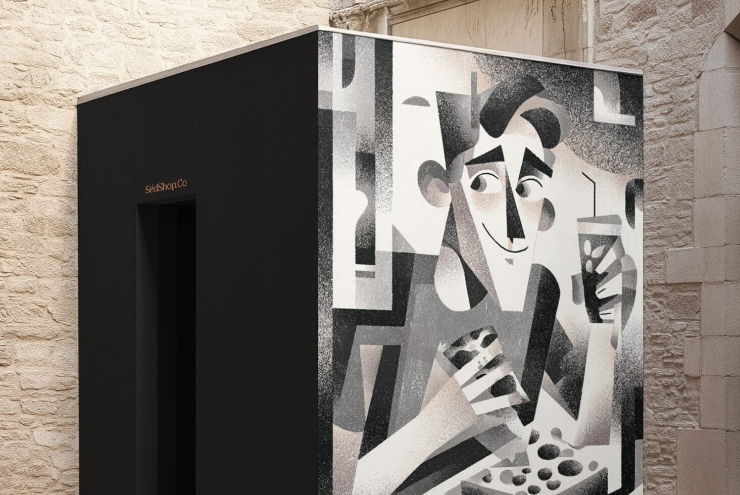 Stylized black, white, gray illustration of a woman with geometric shapes on storefront display mockup