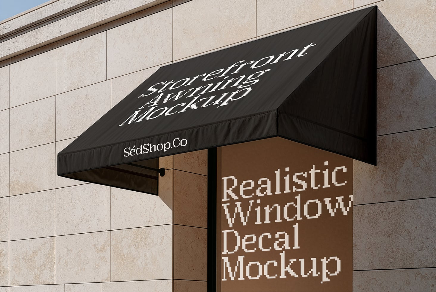 Storefront awning mockup with black canopy over brown window display on concrete building facade