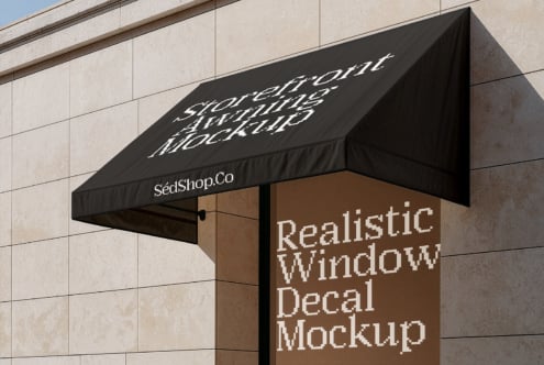 Storefront awning mockup with black canopy over brown window display on concrete building facade