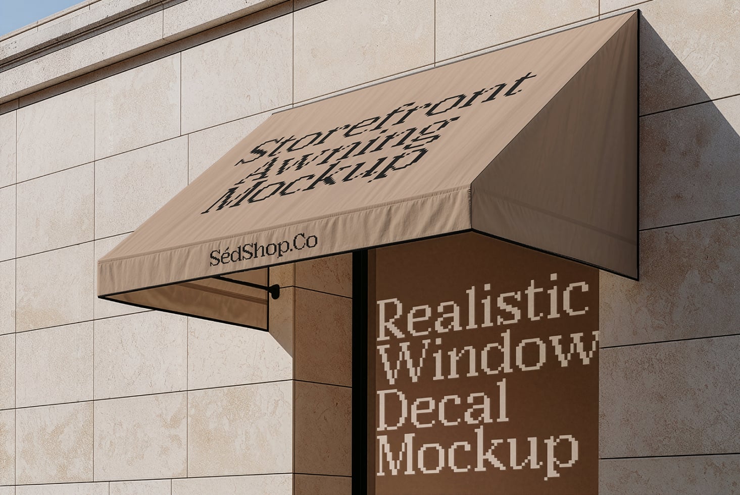 Storefront awning mockup with tan fabric, custom text on beige building facade, window decal visible below