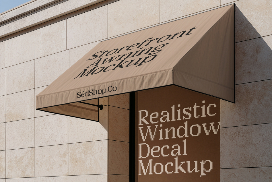 Storefront awning mockup with tan fabric, custom text on beige building facade, window decal visible below