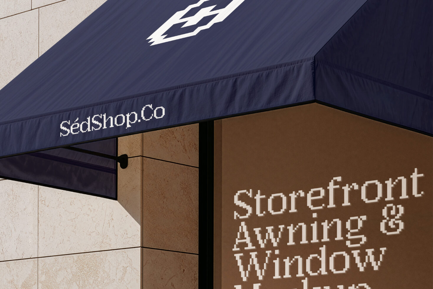 Storefront mockup showing navy awning with white logo over tan brick building facade