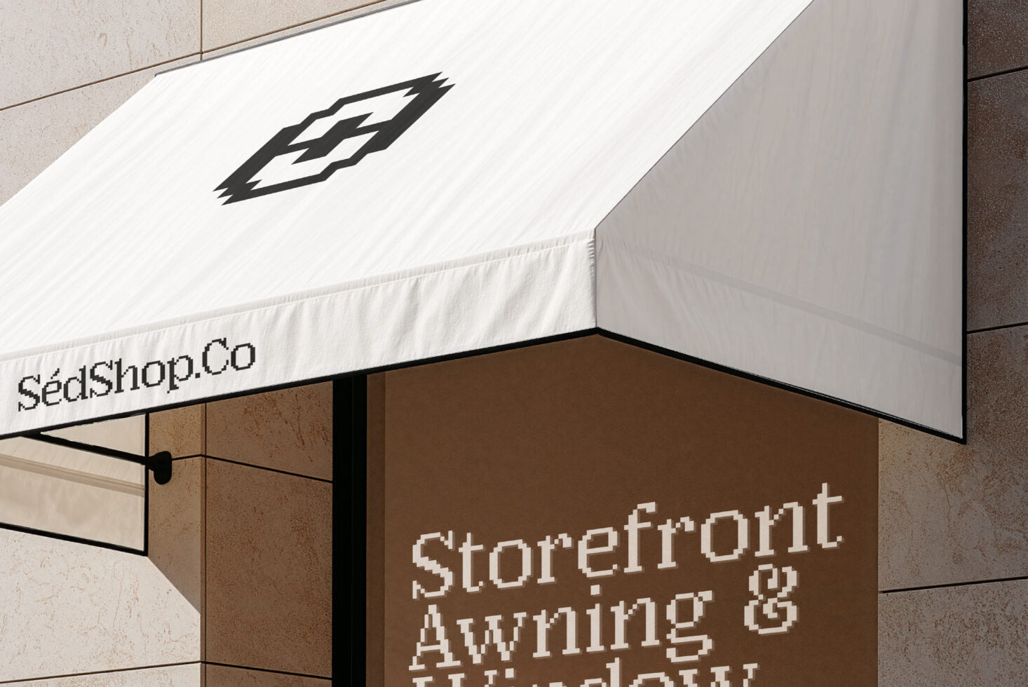 Storefront awning mockup with geometric logo on white canvas above brown facade
