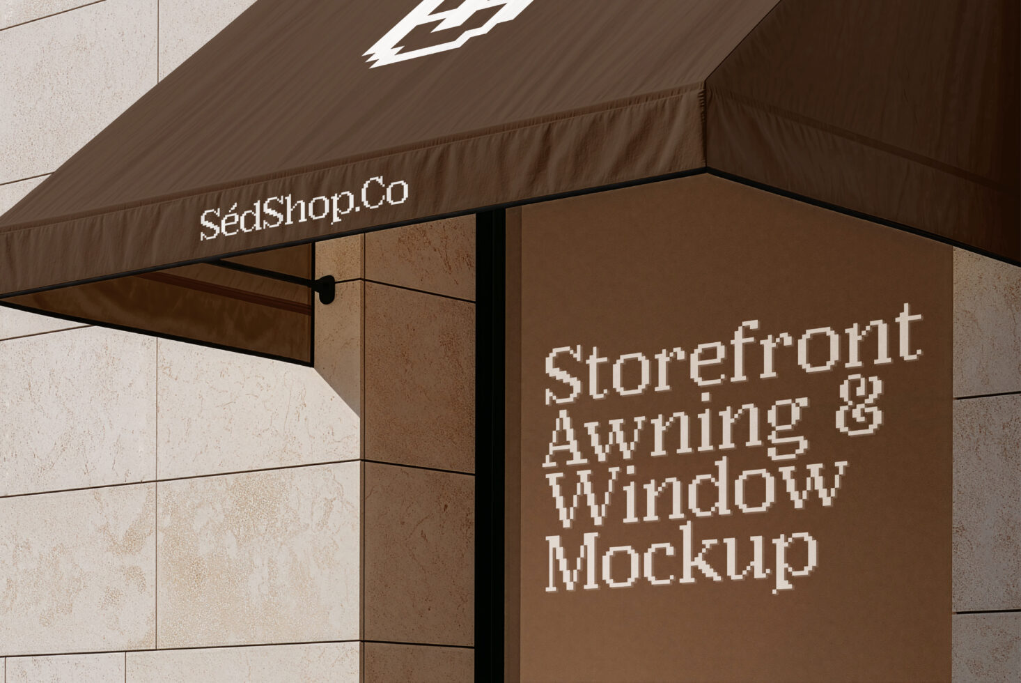 Storefront mockup with brown awning, window display, shop branding on facade
