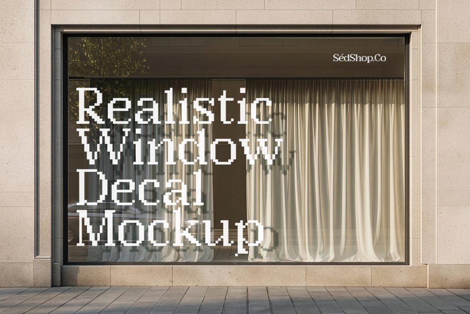 Storefront window mockup showing pixelated white text overlaid on glass display with curtains behind