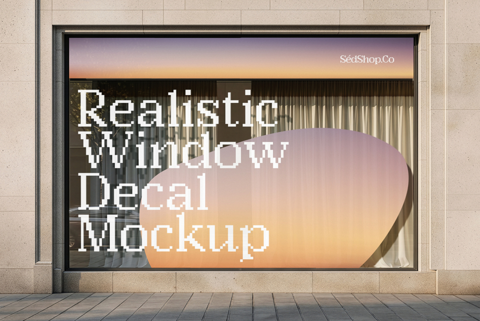 Storefront window display mockup showing pixelated text overlay on sunset gradient with interior reflection