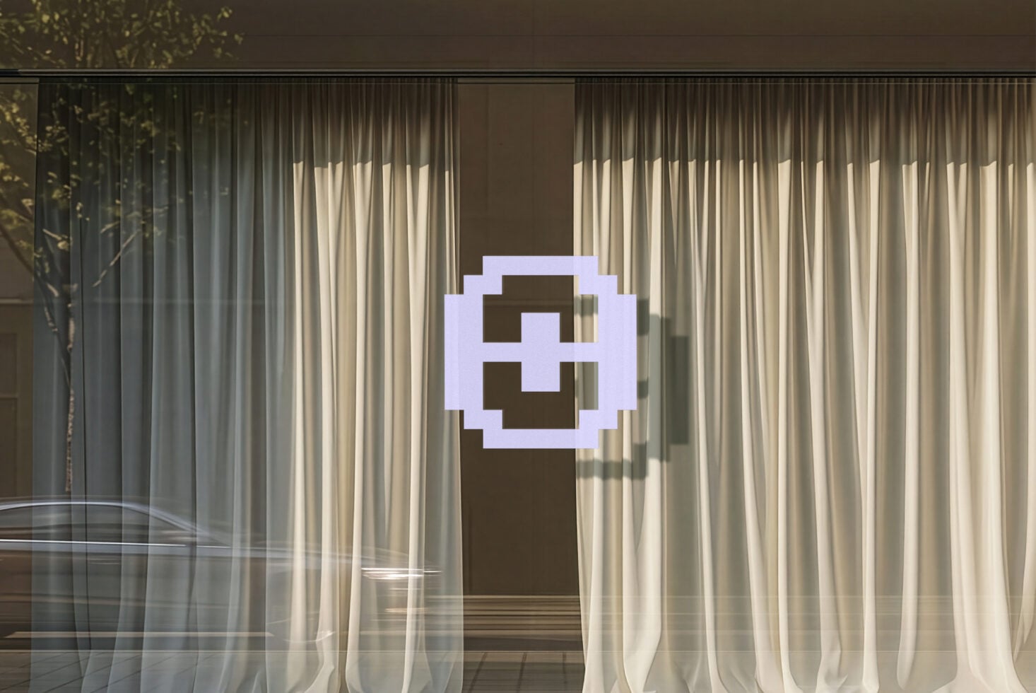 Lavender pixel smiley face floating in minimal room with floor-to-ceiling curtains