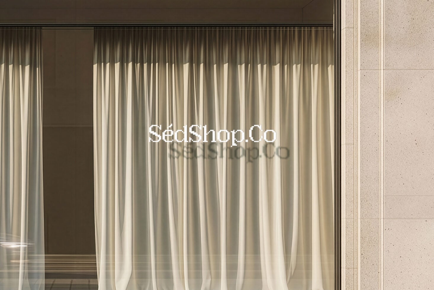 Minimalist storefront with floor-to-ceiling sheer curtains, concrete tile wall, sleek metal frame, neutral palette