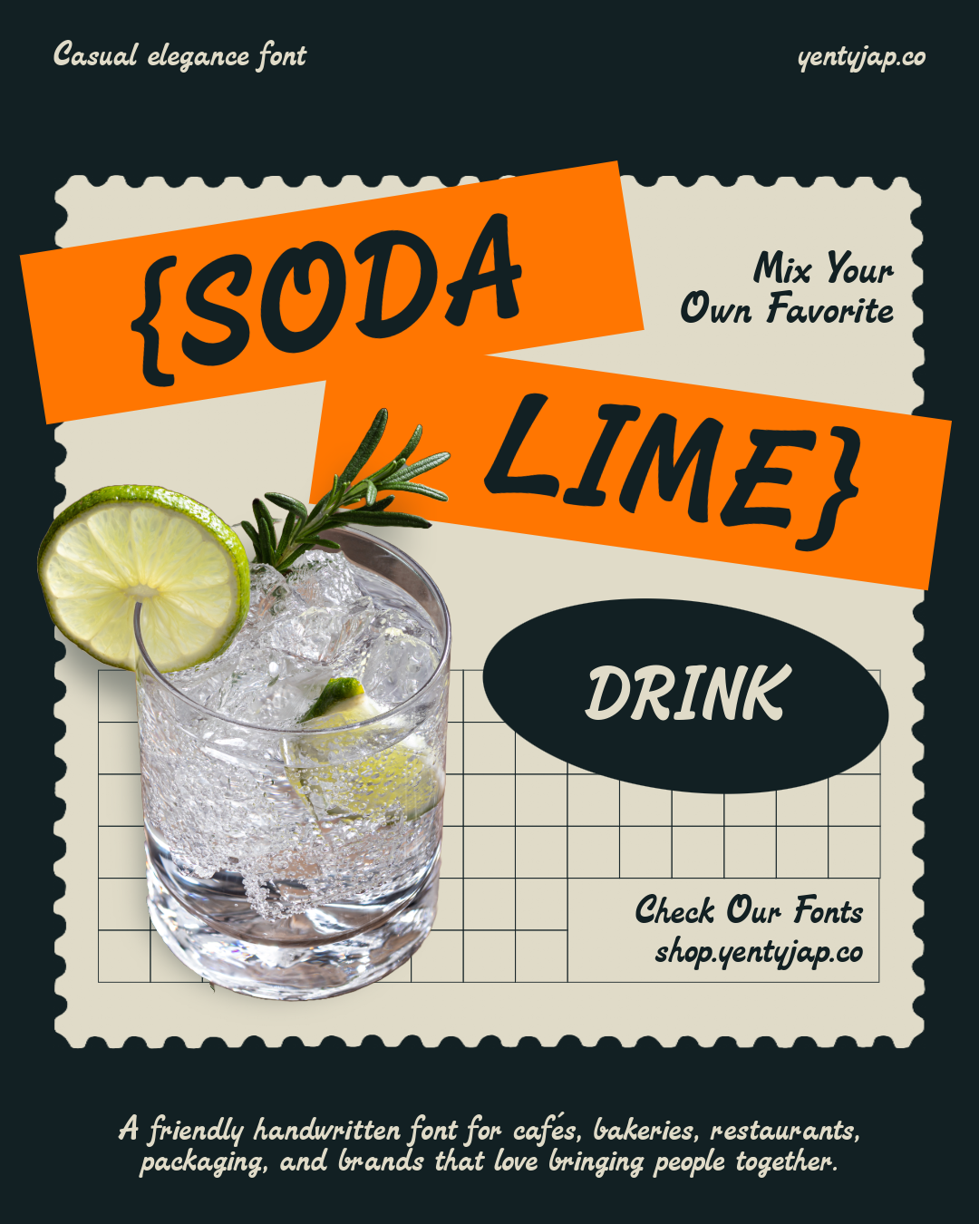 Retro soda lime drink poster with handwritten font displaying casual elegance style
